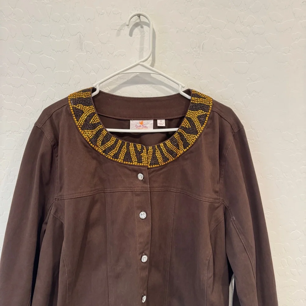 Quacker Factory Rhinestone Jacket Womens 2x Gems Long Sleeves Artsy Art to Wear